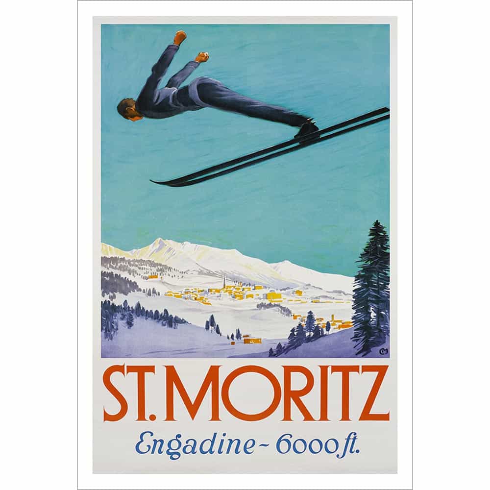 1930's St Moritz Flying Jumper Swiss Vintage Ski Poster